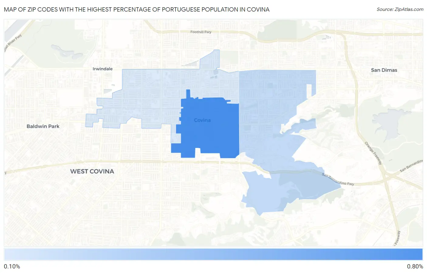 Zip Codes with the Highest Percentage of Portuguese Population in Covina Map