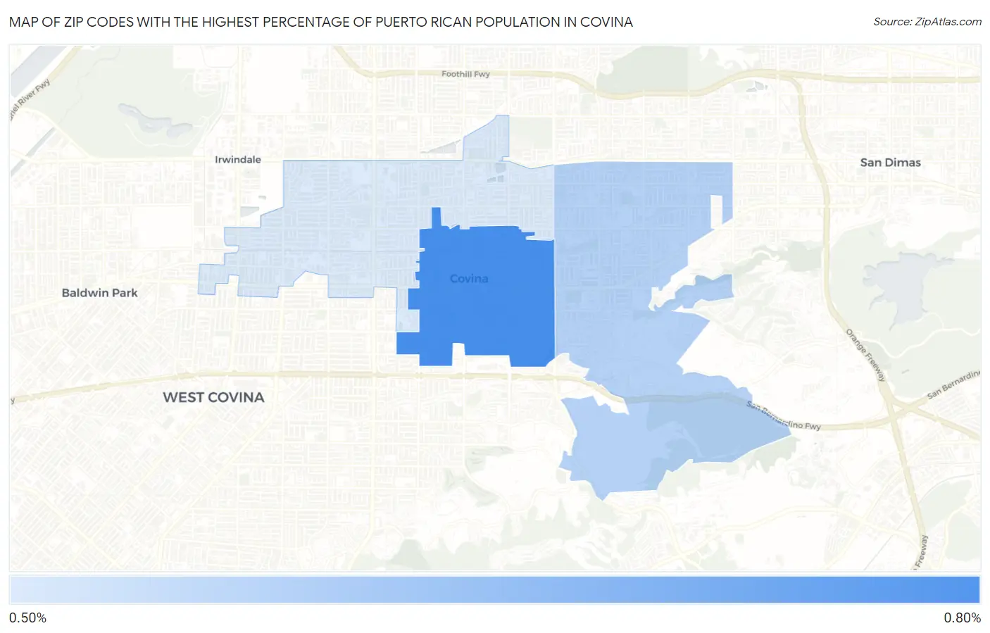 Zip Codes with the Highest Percentage of Puerto Rican Population in Covina Map