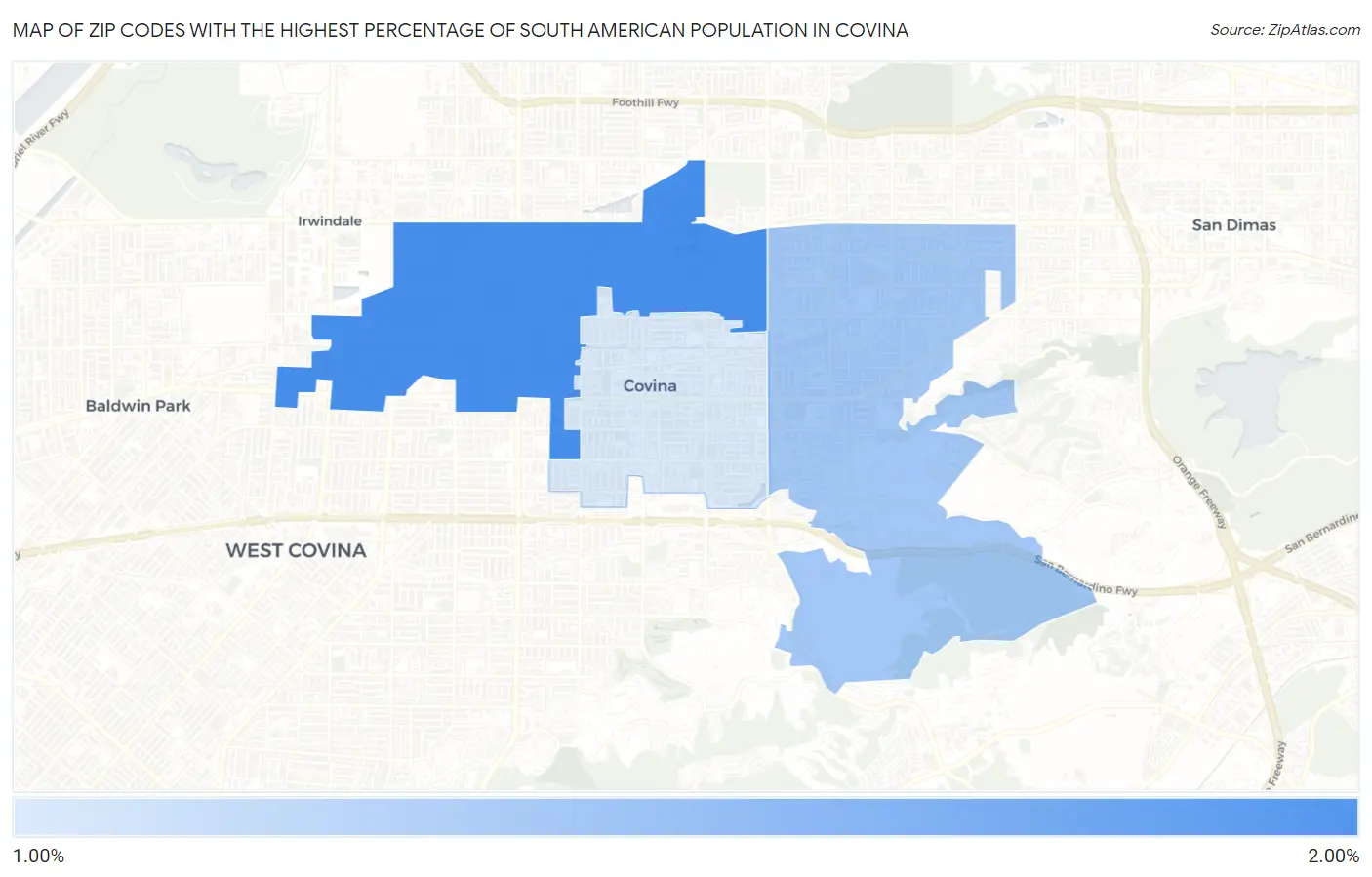 Zip Codes with the Highest Percentage of South American Population in Covina Map