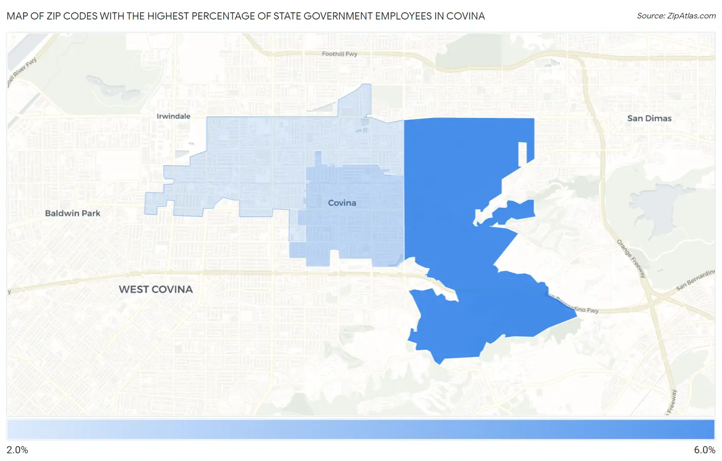 Zip Codes with the Highest Percentage of State Government Employees in Covina Map