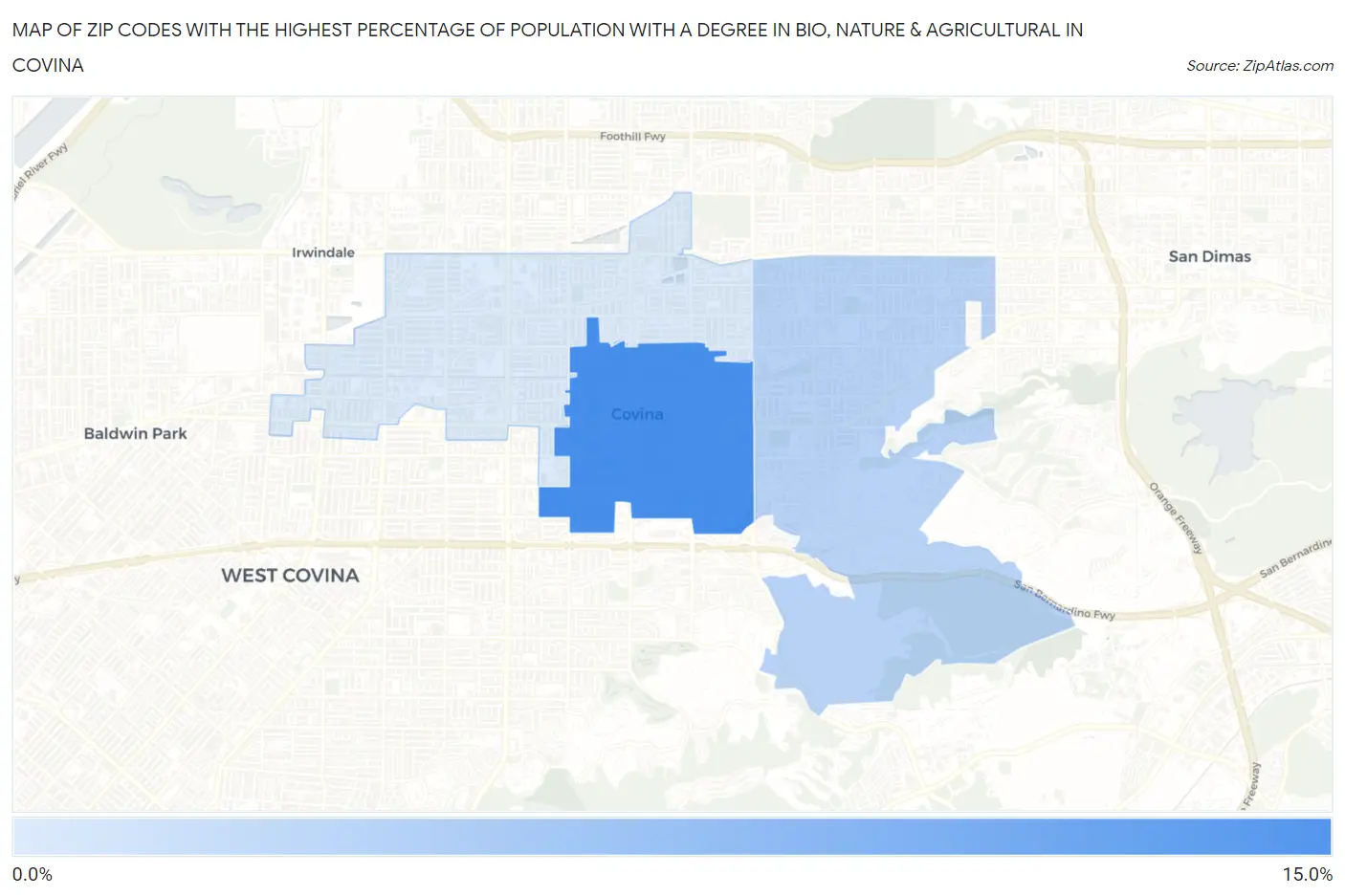 Zip Codes with the Highest Percentage of Population with a Degree in Bio, Nature & Agricultural in Covina Map