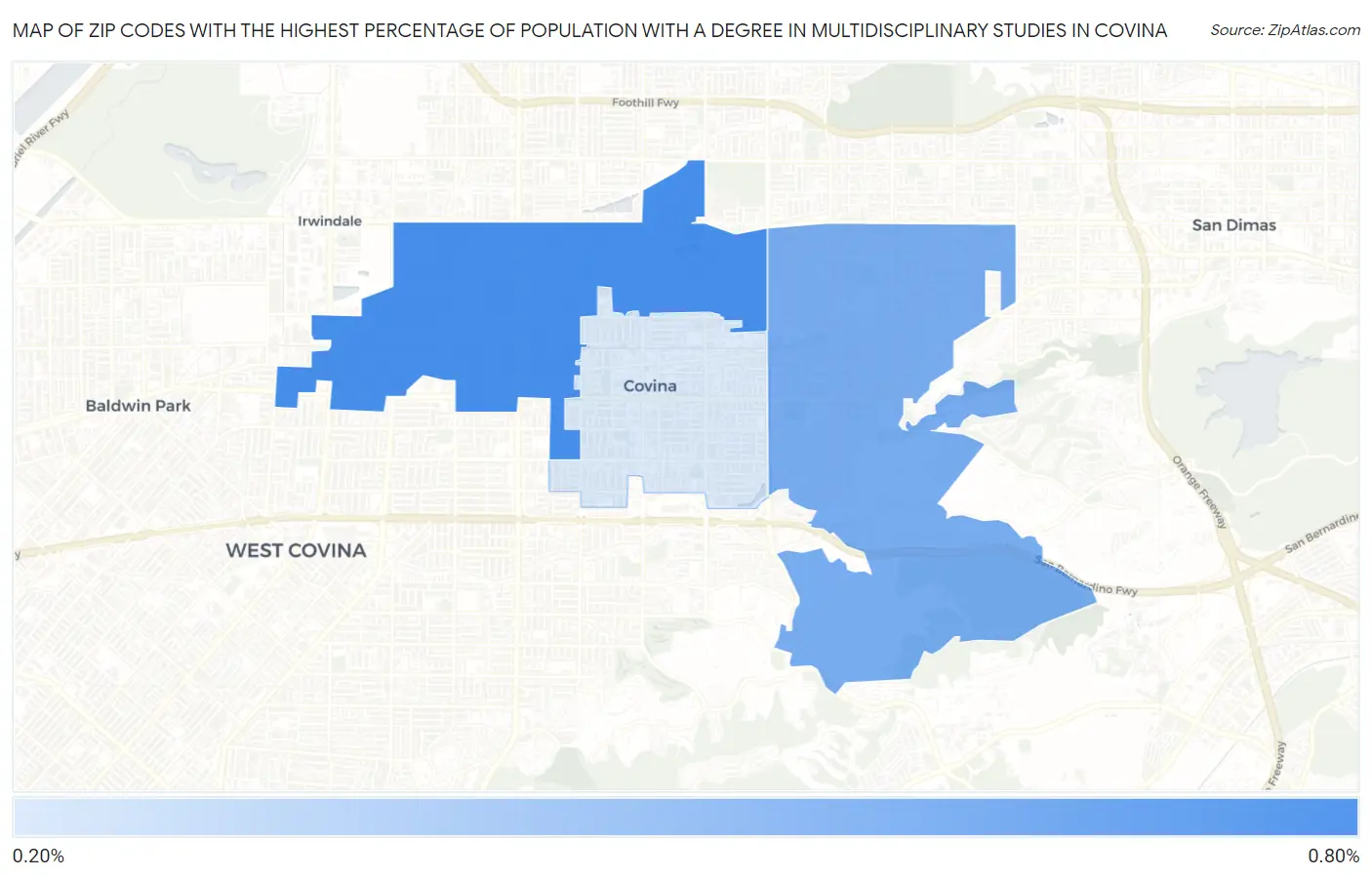 Zip Codes with the Highest Percentage of Population with a Degree in Multidisciplinary Studies in Covina Map