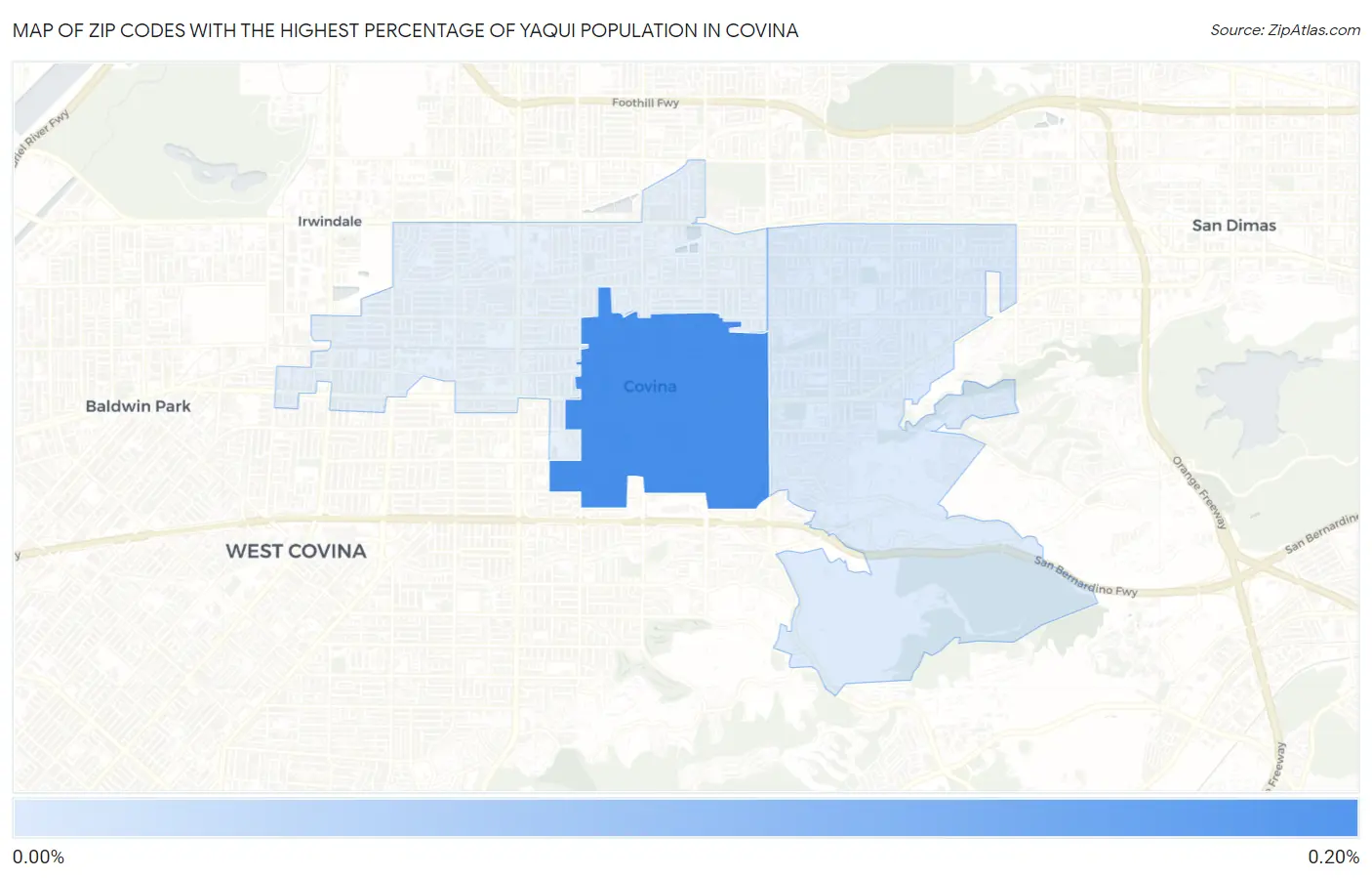 Zip Codes with the Highest Percentage of Yaqui Population in Covina Map
