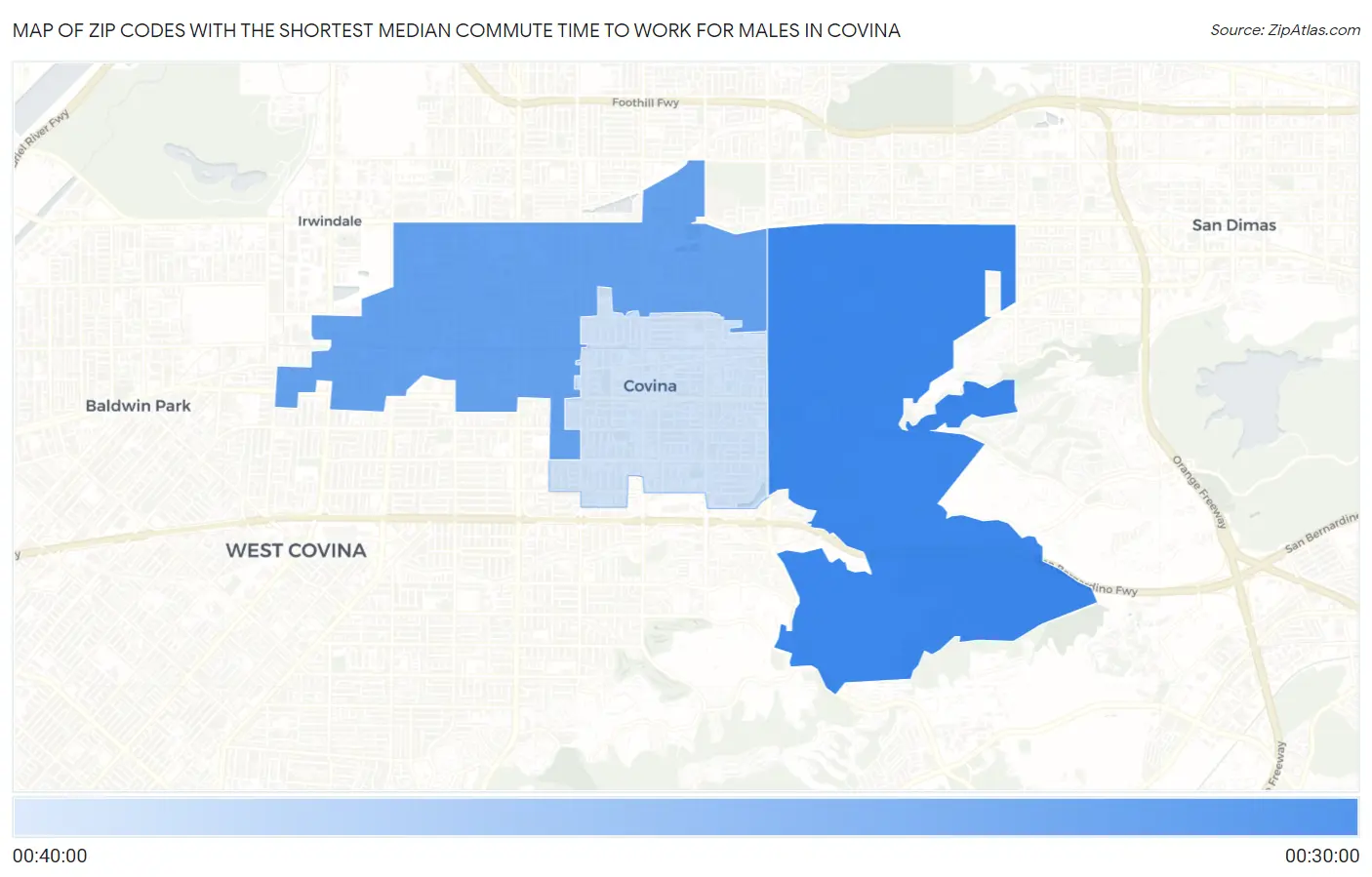 Zip Codes with the Shortest Median Commute Time to Work for Males in Covina Map