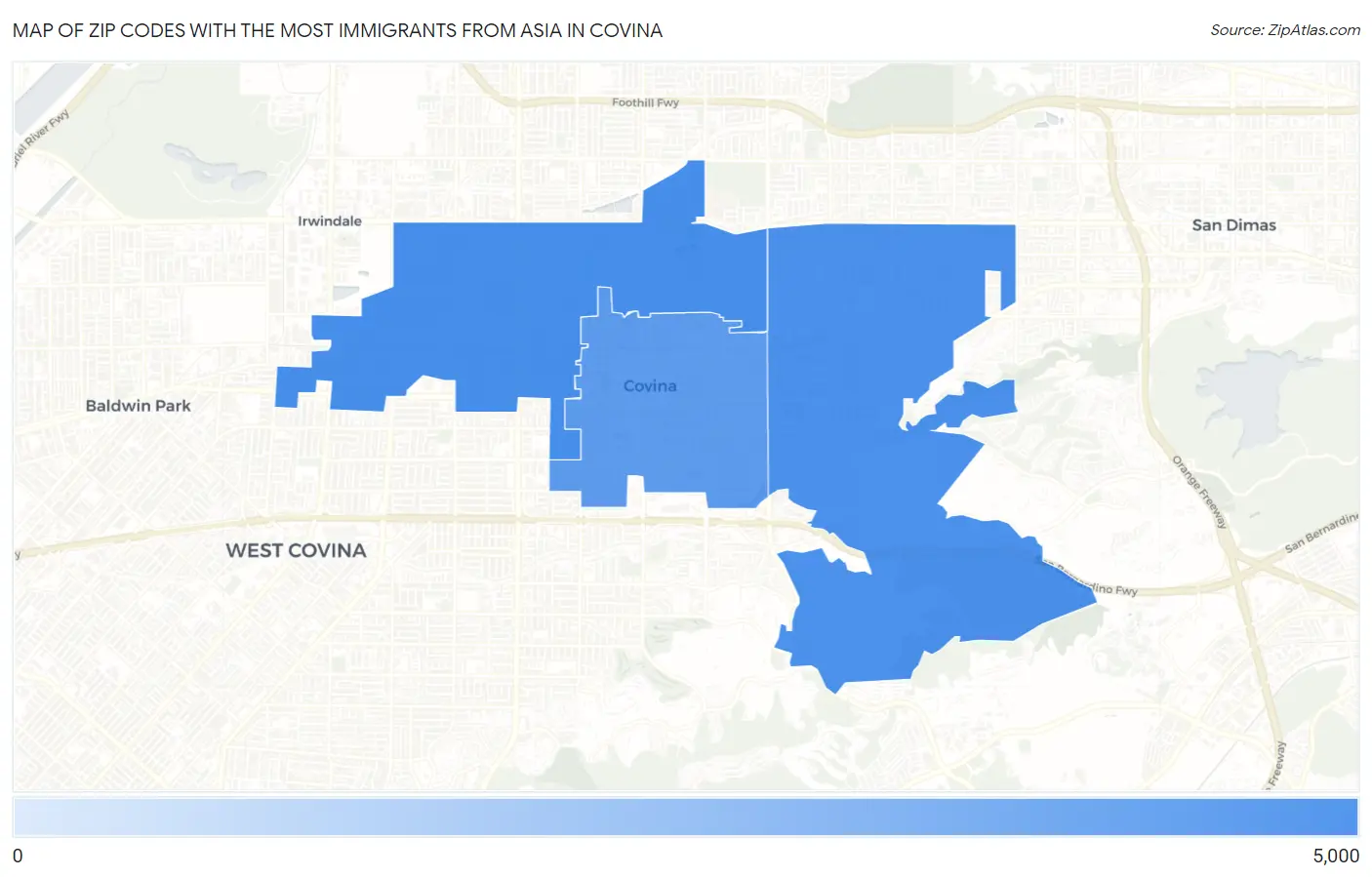 Zip Codes with the Most Immigrants from Asia in Covina Map