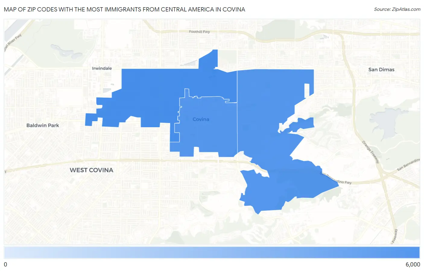 Zip Codes with the Most Immigrants from Central America in Covina Map