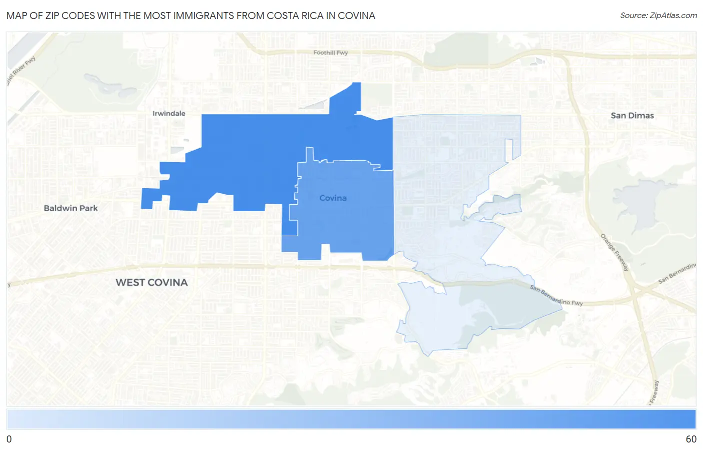 Zip Codes with the Most Immigrants from Costa Rica in Covina Map