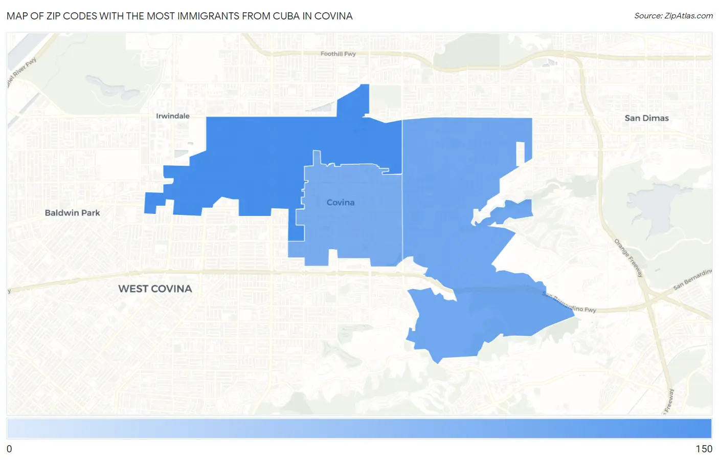 Zip Codes with the Most Immigrants from Cuba in Covina Map