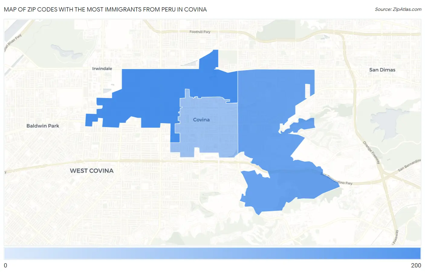 Zip Codes with the Most Immigrants from Peru in Covina Map