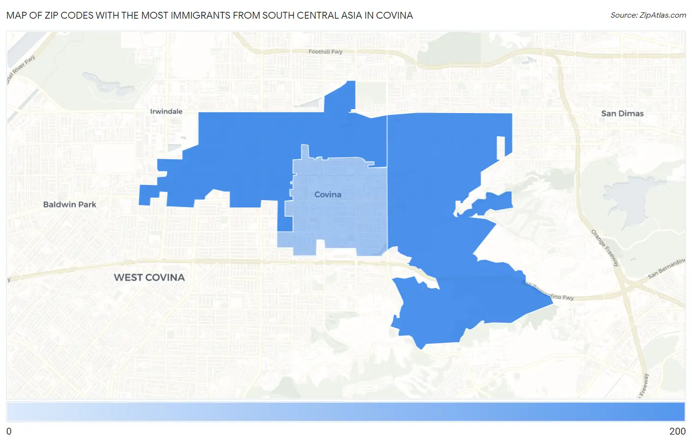 Zip Codes with the Most Immigrants from South Central Asia in Covina Map