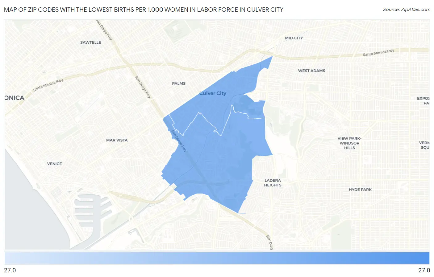 Zip Codes with the Lowest Births per 1,000 Women in Labor Force in Culver City Map