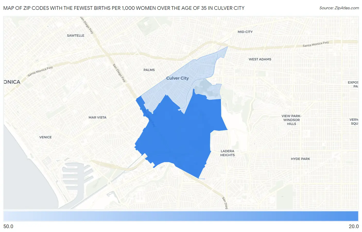 Zip Codes with the Fewest Births per 1,000 Women Over the Age of 35 in Culver City Map