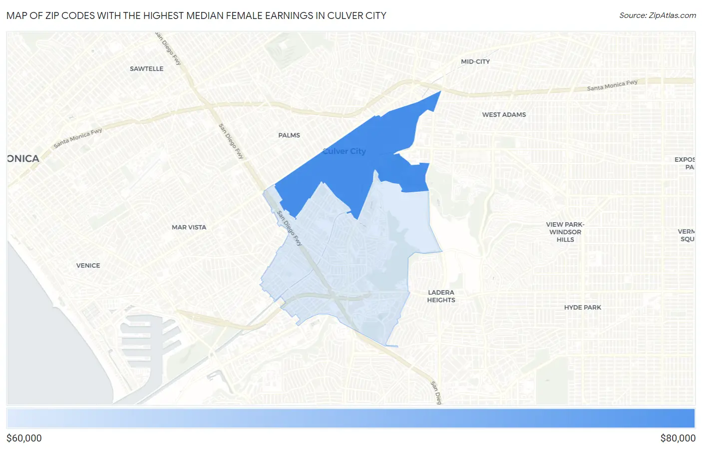 Zip Codes with the Highest Median Female Earnings in Culver City Map