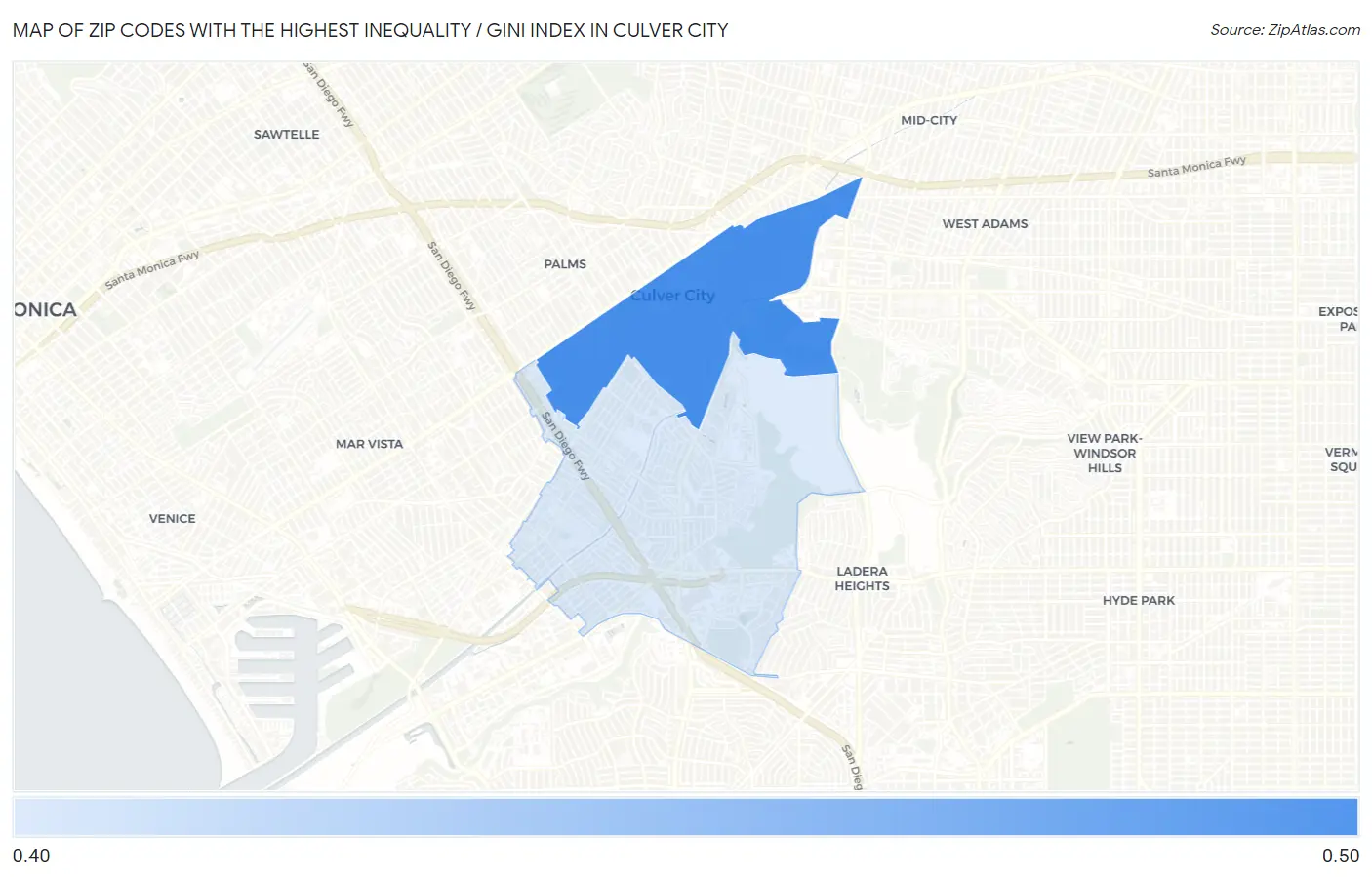 Zip Codes with the Highest Inequality / Gini Index in Culver City Map