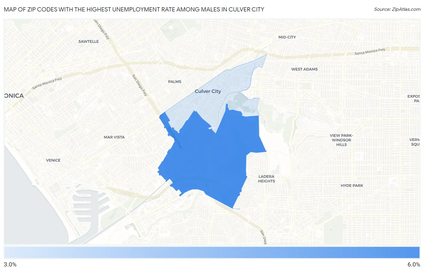 Zip Codes with the Highest Unemployment Rate Among Males in Culver City Map