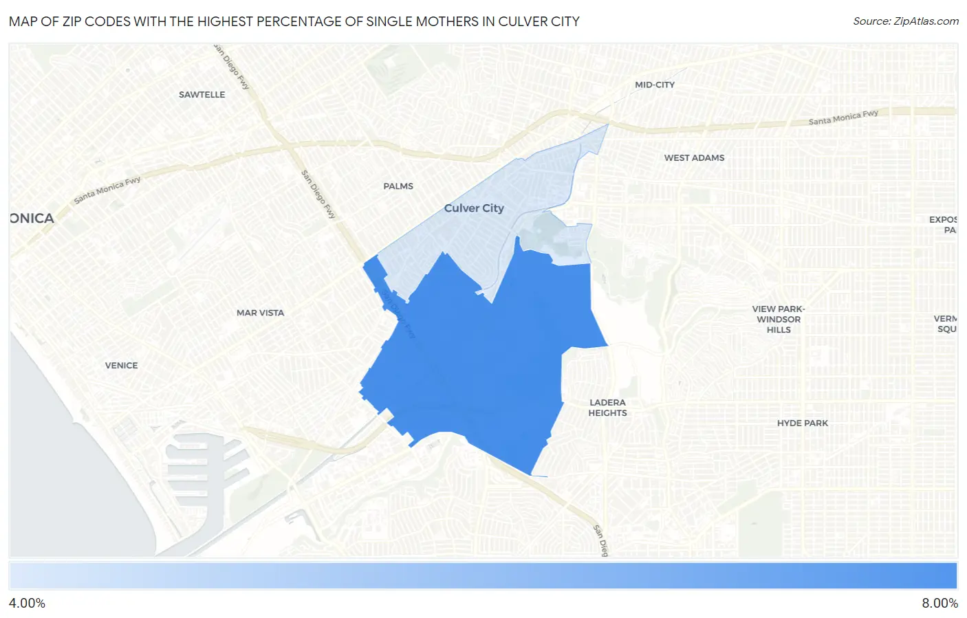 Zip Codes with the Highest Percentage of Single Mothers in Culver City Map