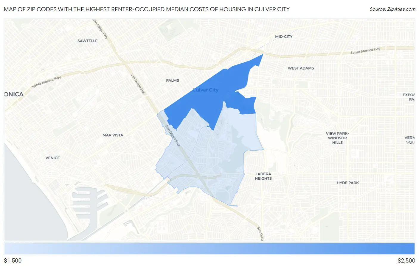 Zip Codes with the Highest Renter-Occupied Median Costs of Housing in Culver City Map