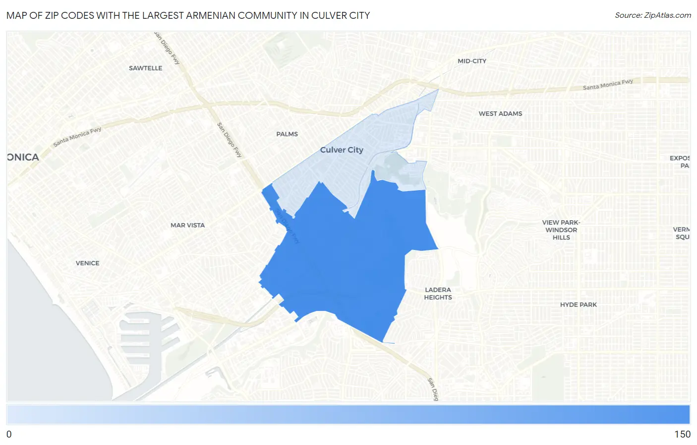Zip Codes with the Largest Armenian Community in Culver City Map
