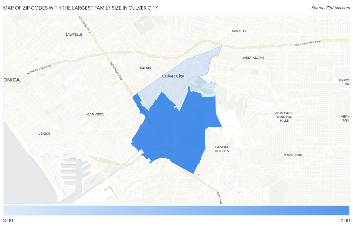 Zip Codes with the Largest Family Size in Culver City Map