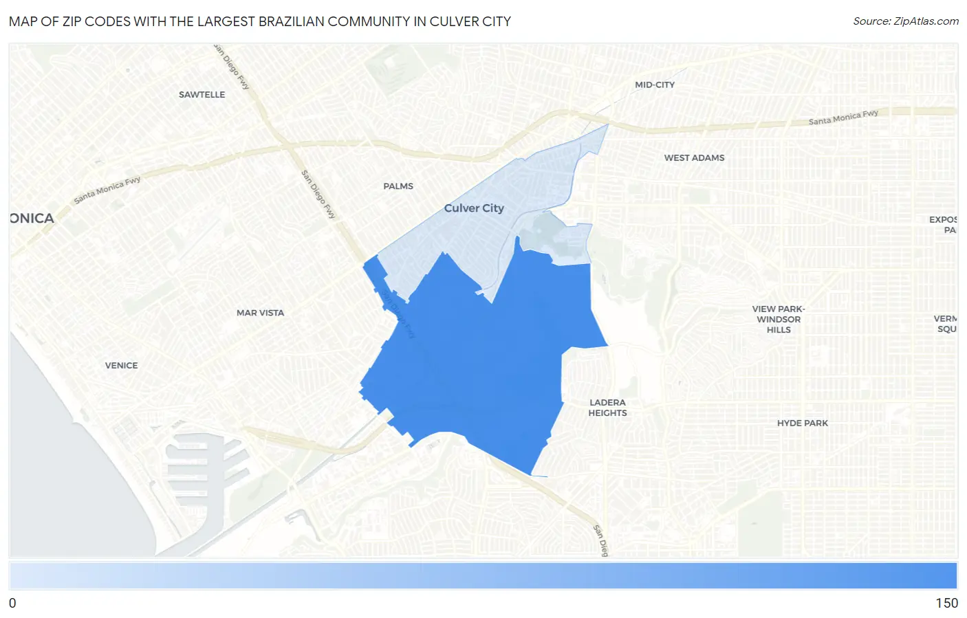 Zip Codes with the Largest Brazilian Community in Culver City Map