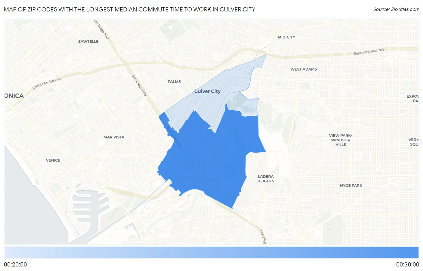 Zip Codes with the Longest Median Commute Time to Work in Culver City Map