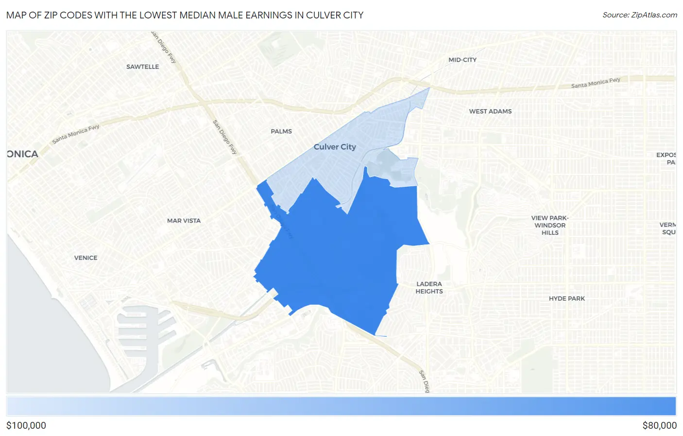 Zip Codes with the Lowest Median Male Earnings in Culver City Map