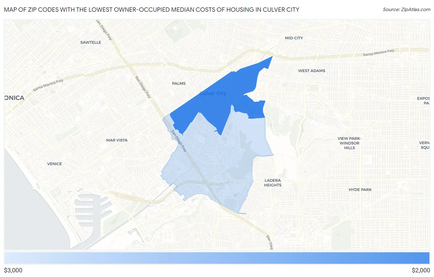 Zip Codes with the Lowest Owner-Occupied Median Costs of Housing in Culver City Map