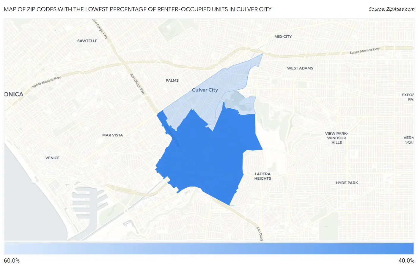 Zip Codes with the Lowest Percentage of Renter-Occupied Units in Culver City Map