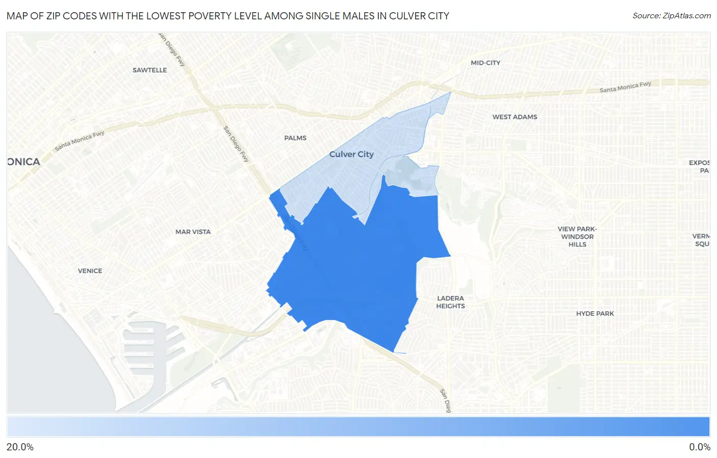 Zip Codes with the Lowest Poverty Level Among Single Males in Culver City Map