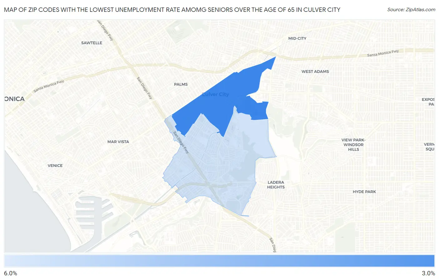 Zip Codes with the Lowest Unemployment Rate Amomg Seniors Over the Age of 65 in Culver City Map