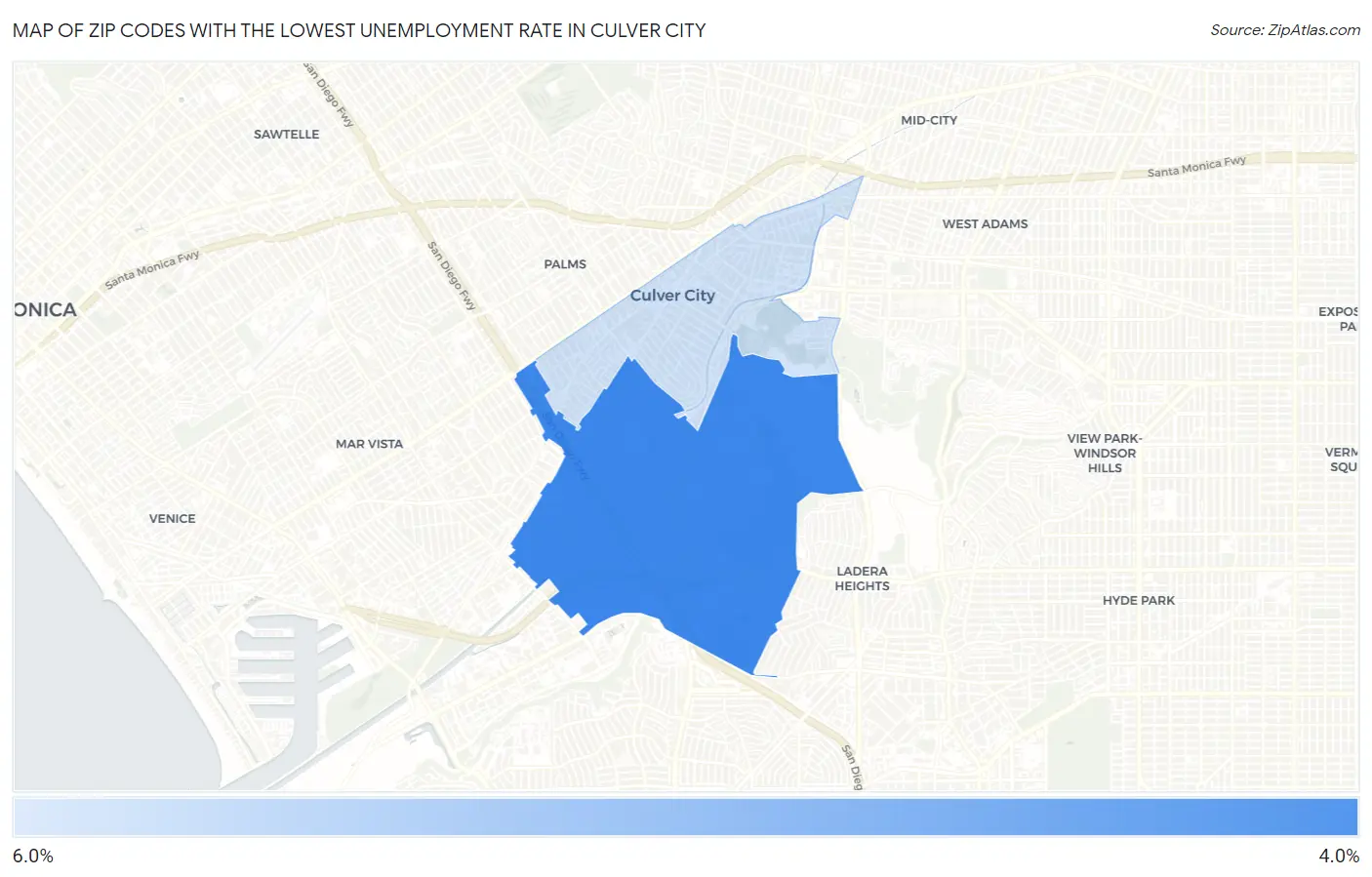 Zip Codes with the Lowest Unemployment Rate in Culver City Map