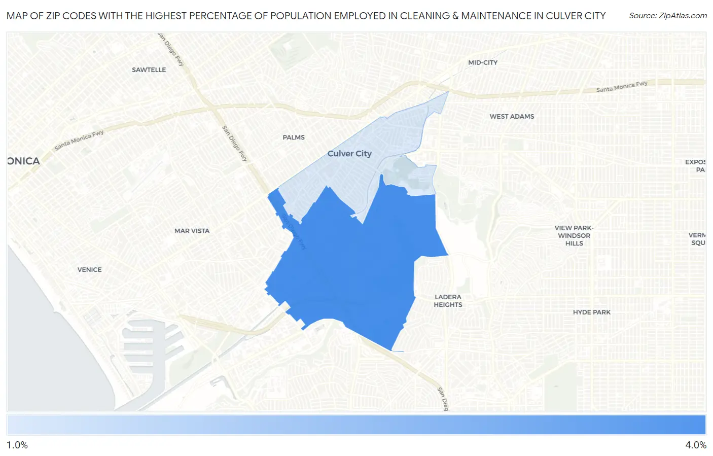Zip Codes with the Highest Percentage of Population Employed in Cleaning & Maintenance in Culver City Map