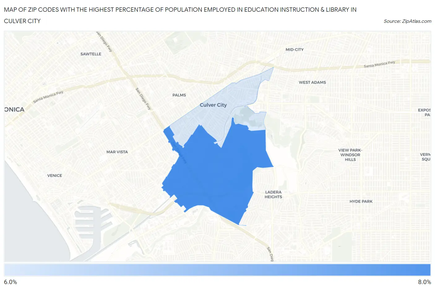 Zip Codes with the Highest Percentage of Population Employed in Education Instruction & Library in Culver City Map