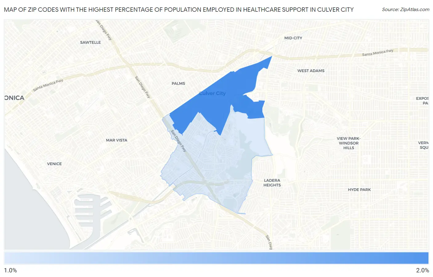 Zip Codes with the Highest Percentage of Population Employed in Healthcare Support in Culver City Map