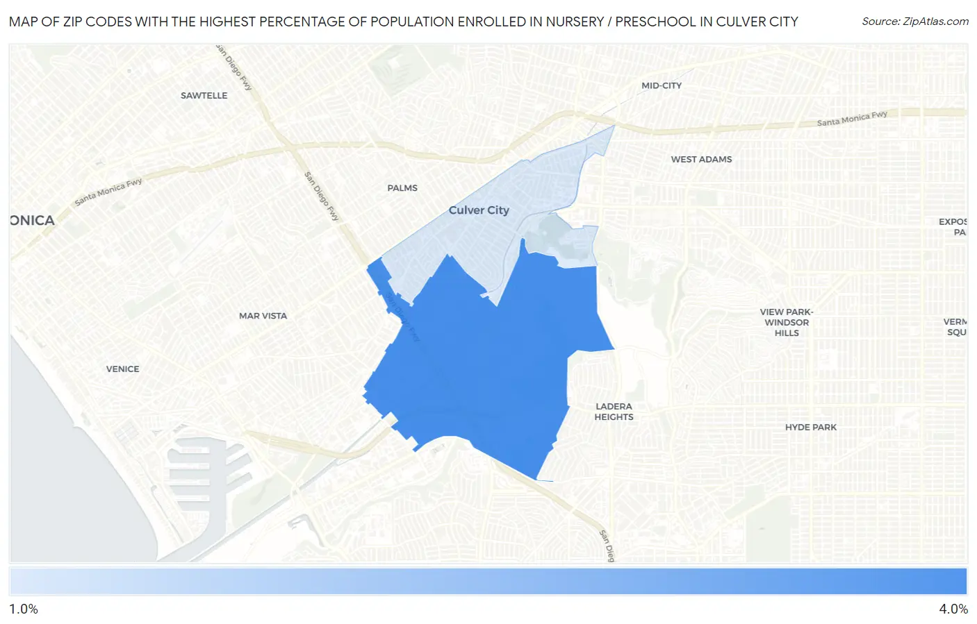 Zip Codes with the Highest Percentage of Population Enrolled in Nursery / Preschool in Culver City Map