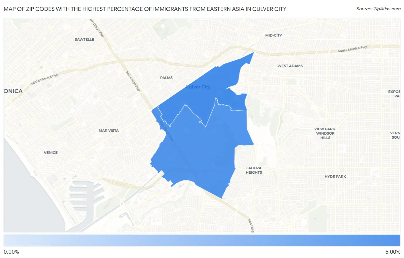 Zip Codes with the Highest Percentage of Immigrants from Eastern Asia in Culver City Map