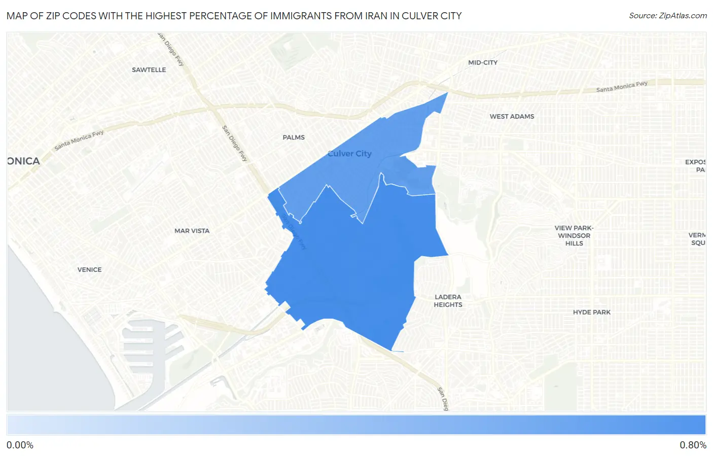Zip Codes with the Highest Percentage of Immigrants from Iran in Culver City Map