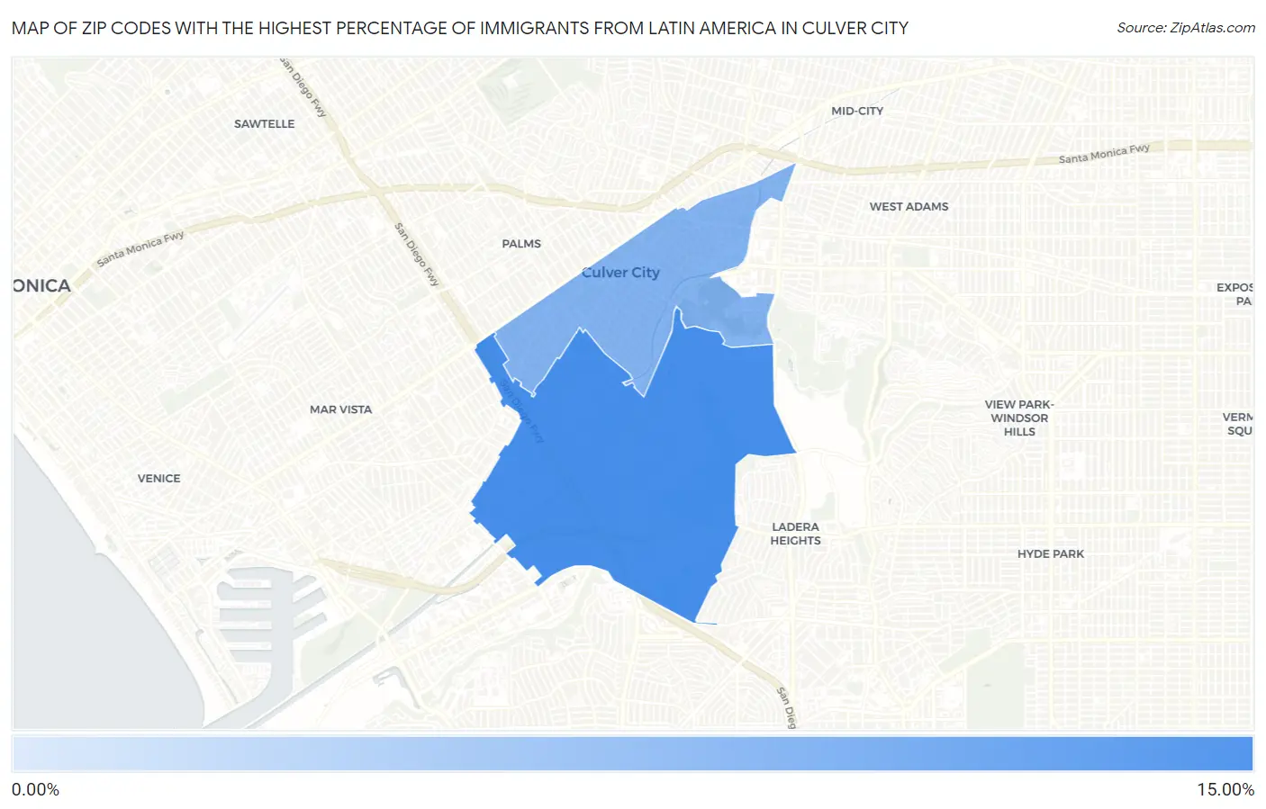 Zip Codes with the Highest Percentage of Immigrants from Latin America in Culver City Map