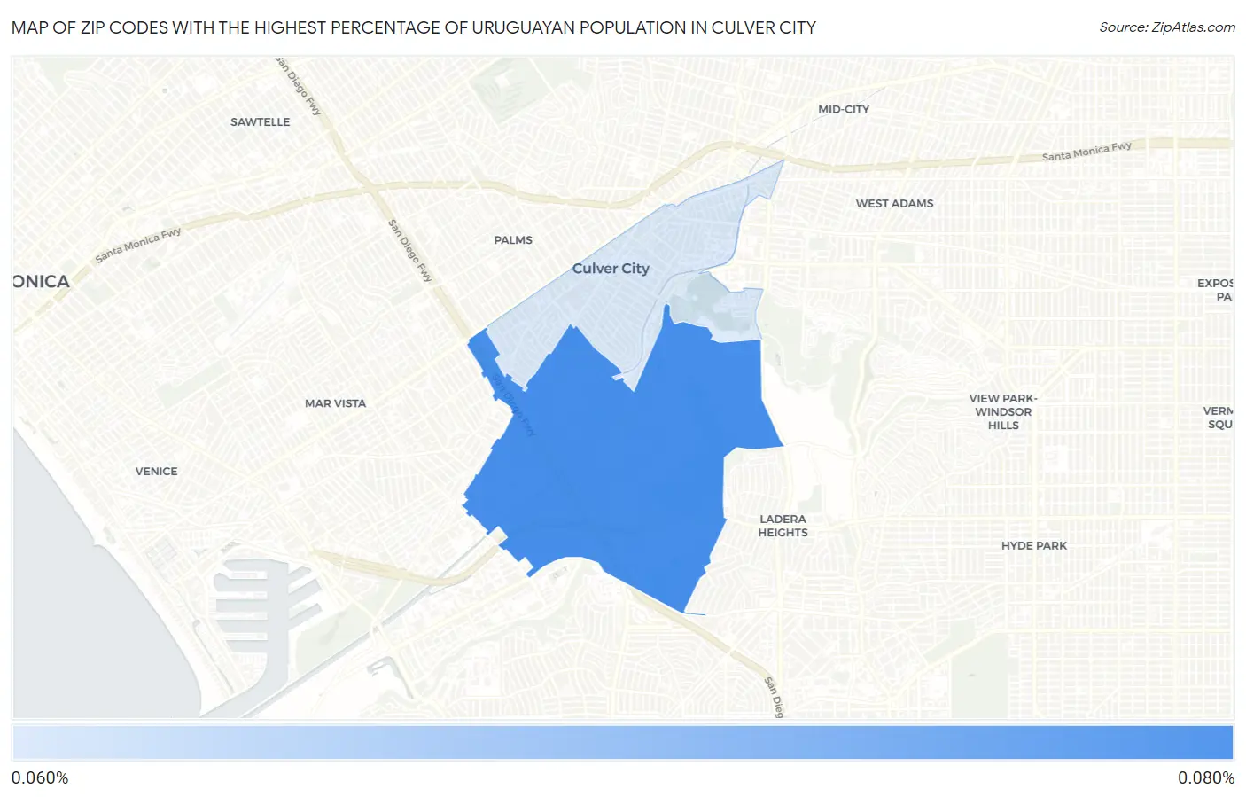 Zip Codes with the Highest Percentage of Uruguayan Population in Culver City Map
