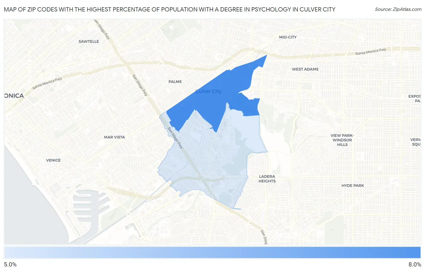 Zip Codes with the Highest Percentage of Population with a Degree in Psychology in Culver City Map