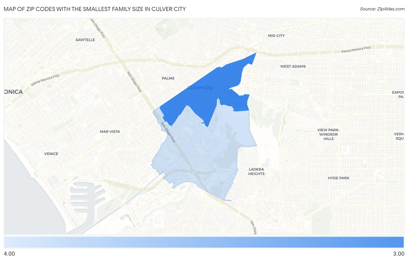 Zip Codes with the Smallest Family Size in Culver City Map