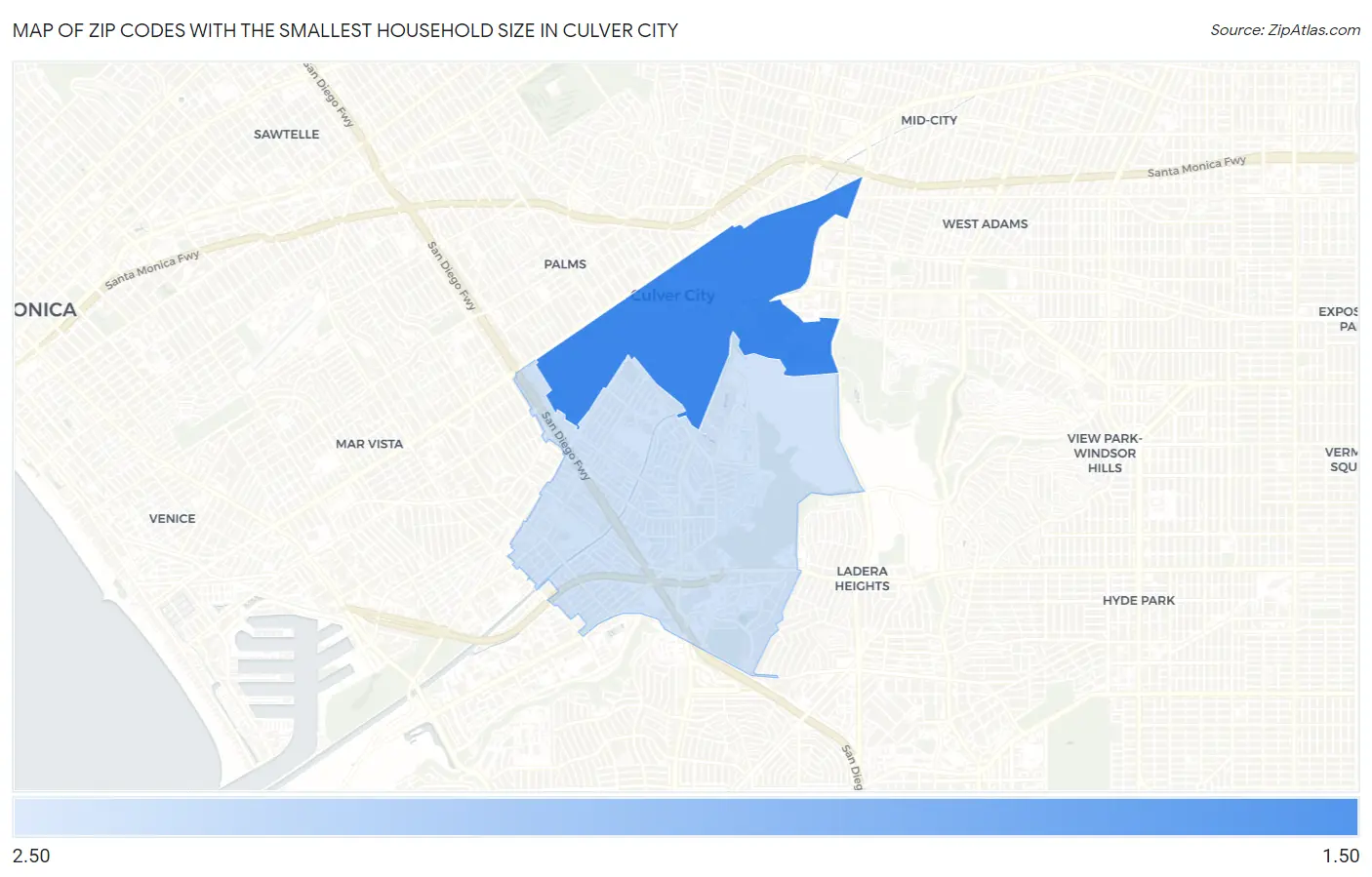 Zip Codes with the Smallest Household Size in Culver City Map