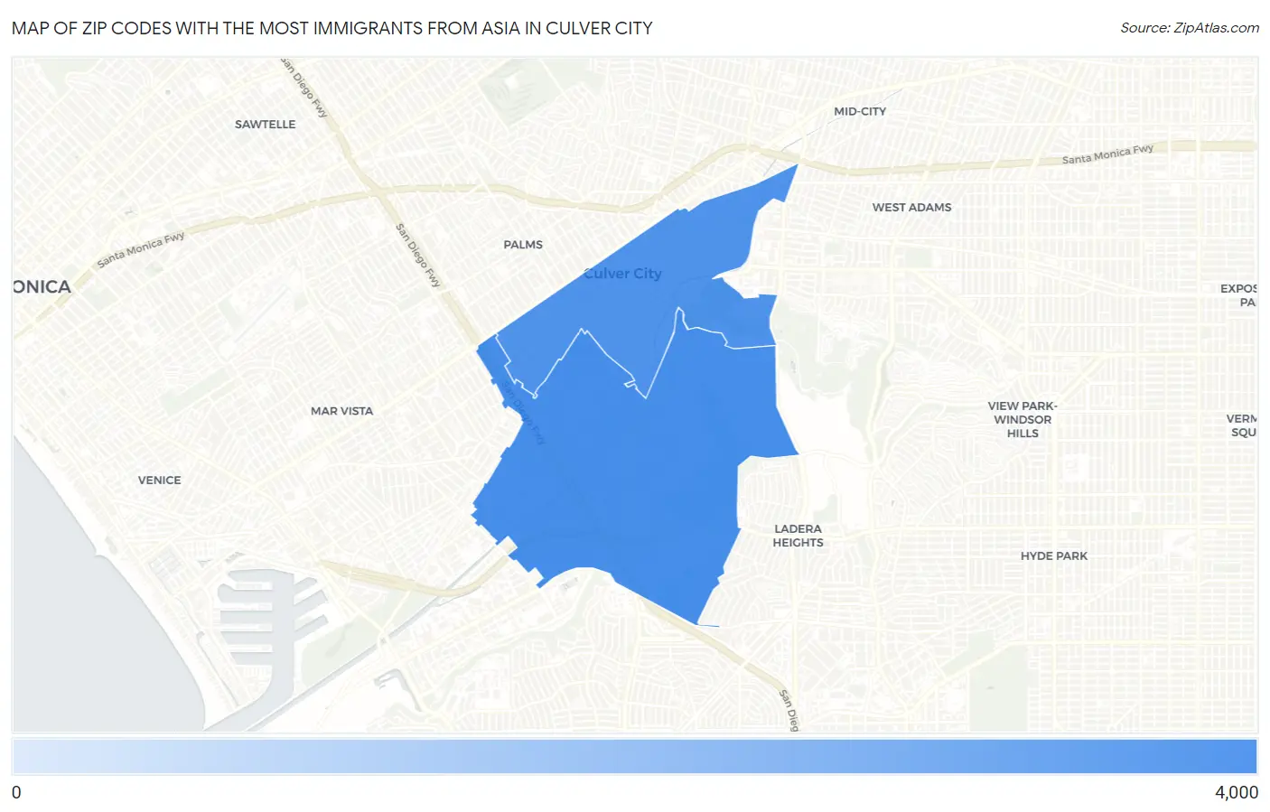 Zip Codes with the Most Immigrants from Asia in Culver City Map