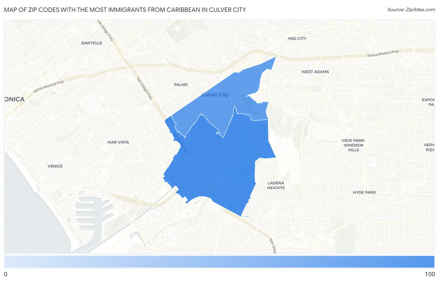 Zip Codes with the Most Immigrants from Caribbean in Culver City Map