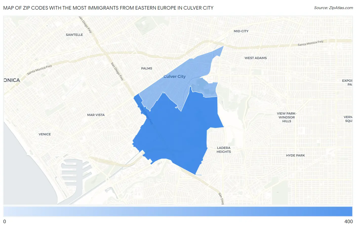 Zip Codes with the Most Immigrants from Eastern Europe in Culver City Map
