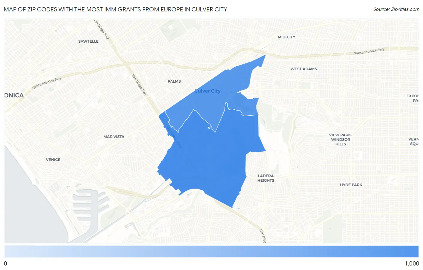 Zip Codes with the Most Immigrants from Europe in Culver City Map
