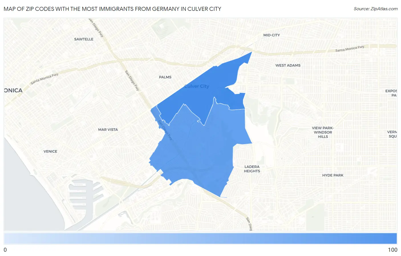 Zip Codes with the Most Immigrants from Germany in Culver City Map