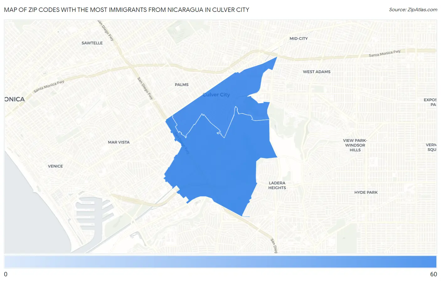 Zip Codes with the Most Immigrants from Nicaragua in Culver City Map