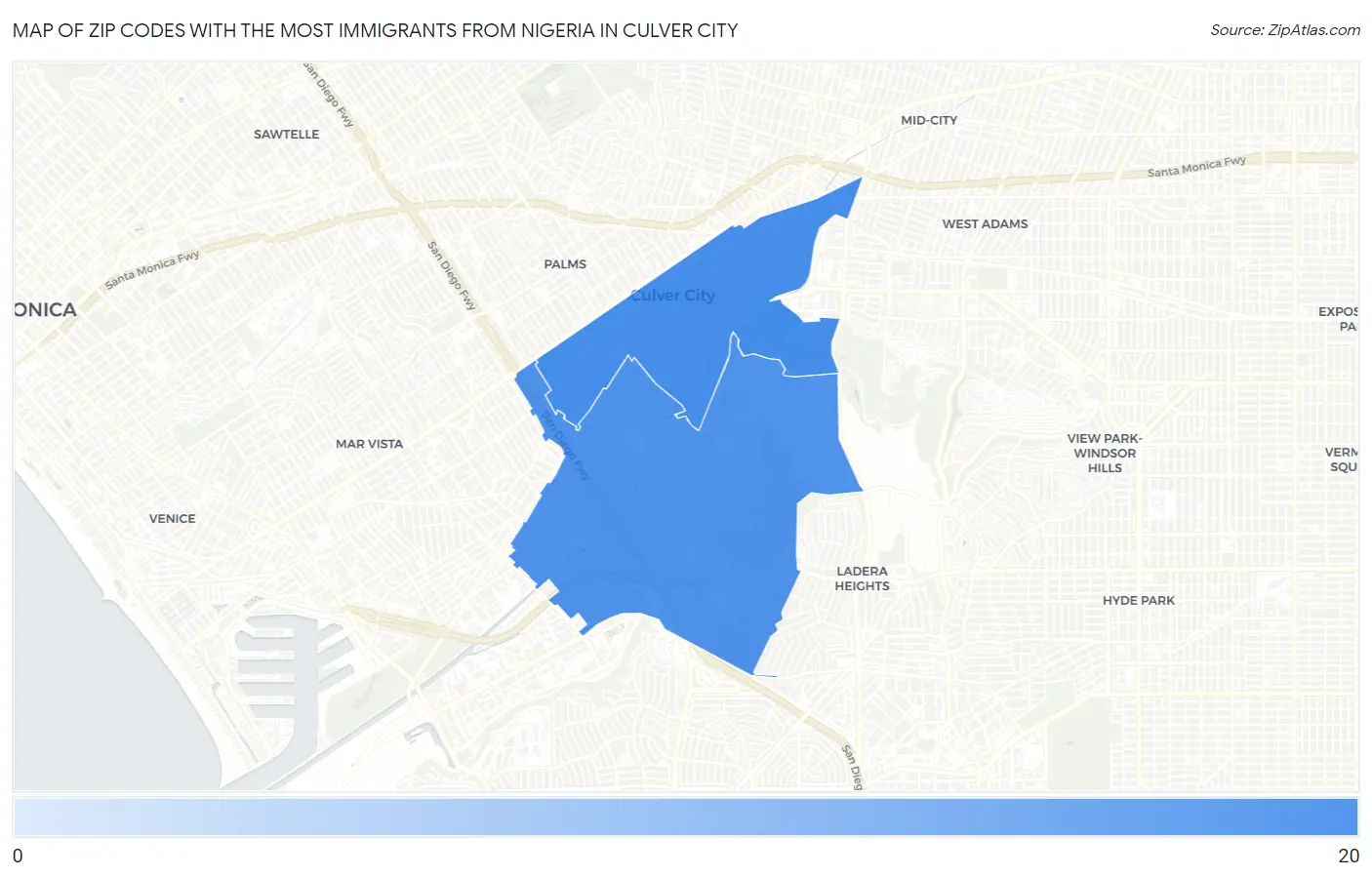 Zip Codes with the Most Immigrants from Nigeria in Culver City Map