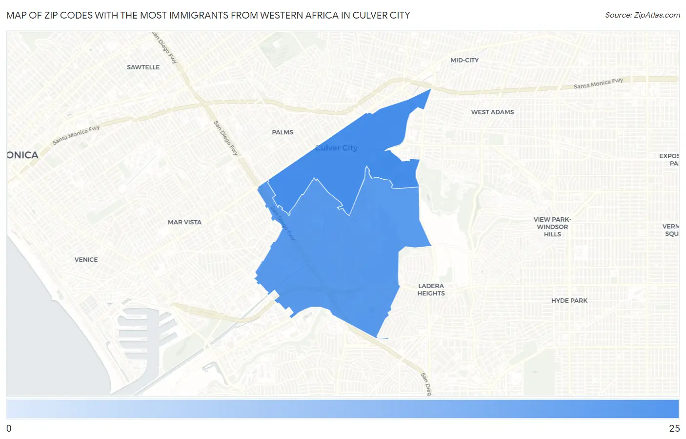 Zip Codes with the Most Immigrants from Western Africa in Culver City Map